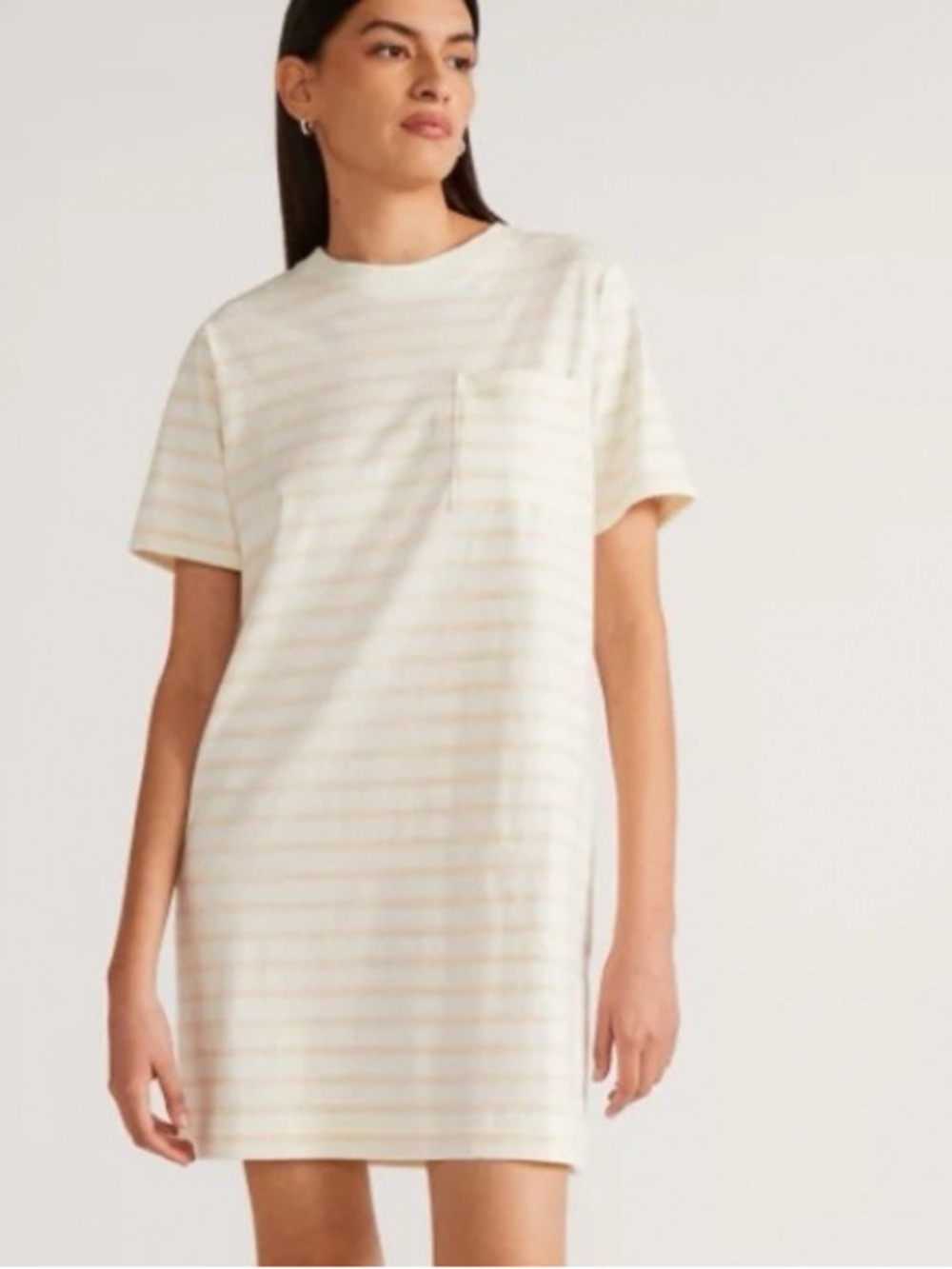 Everlane Weekend Pocket Tee Dress Cream Tan Stripe Organic Cotton Size Small